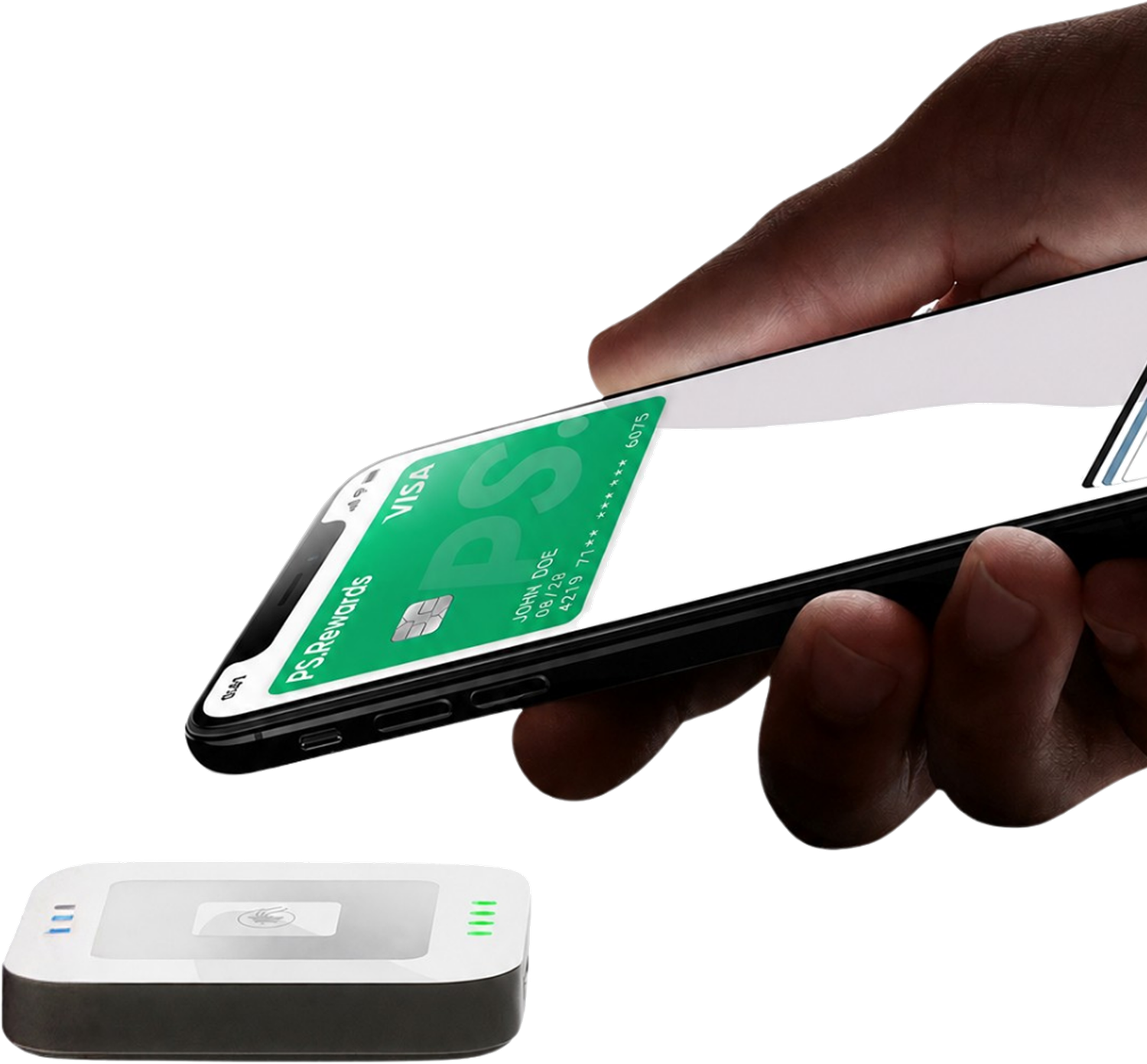 Phone with a PS Rewards card in the wallet tapping a payment terminal
